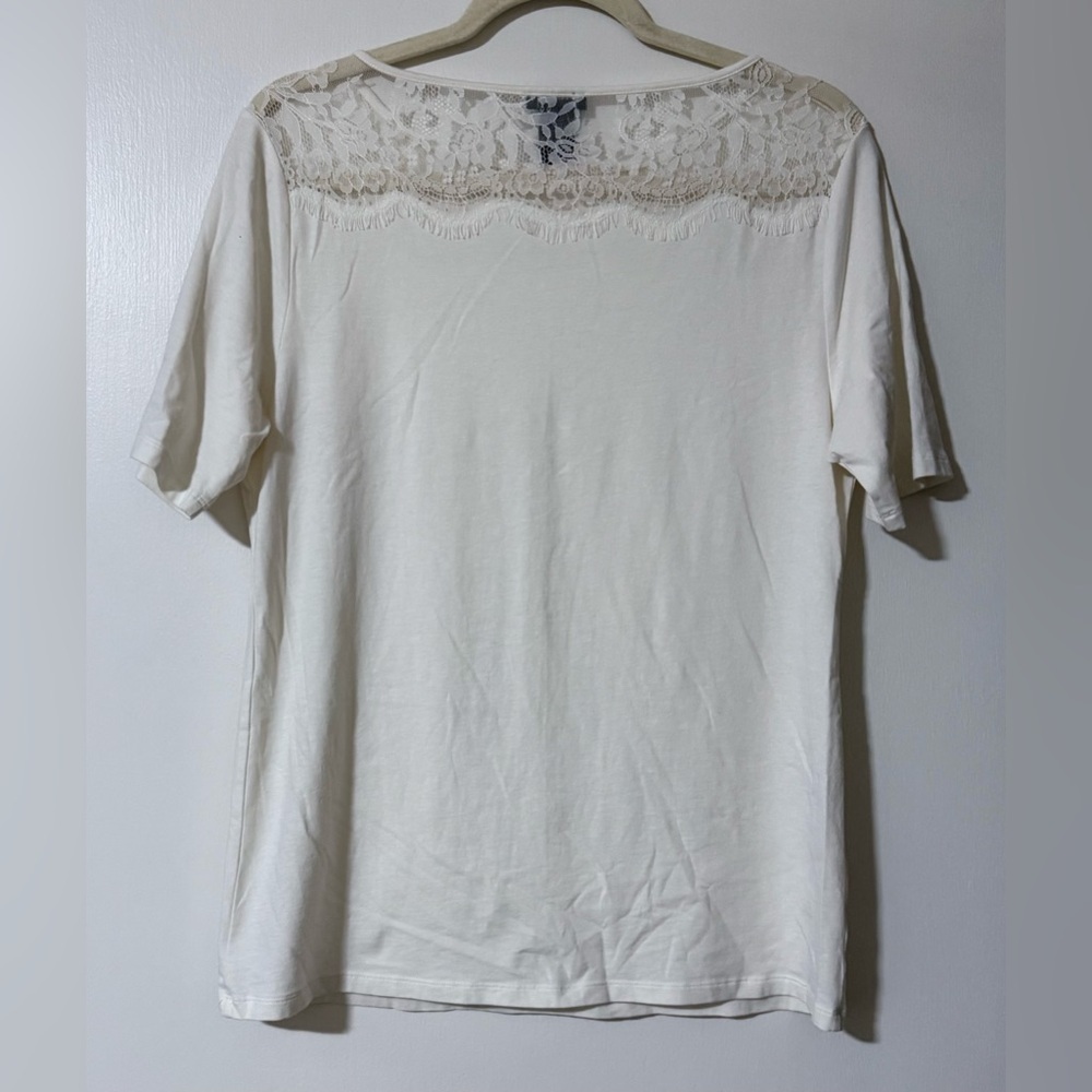 Ann Taylor Lace Yoke Short Sleeve Top Cotton Blend Knit Blouse Large - Picture 7 of 7